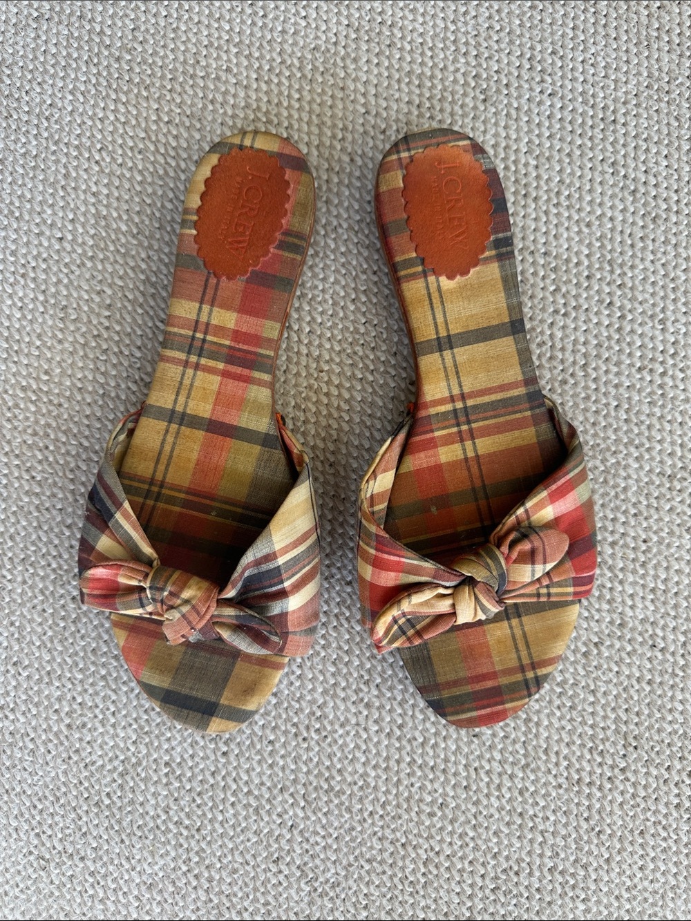 J Crew plaid bow wood sole sandals size 7 made in Italy